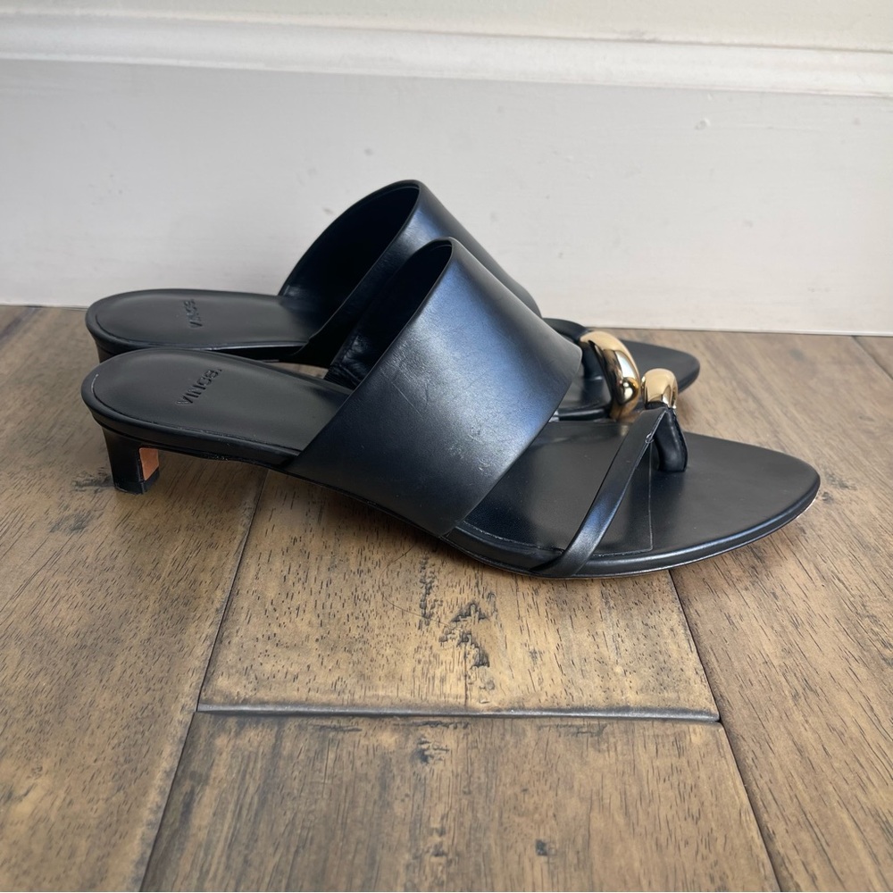 Vince Suzie Almond Toe Kitten Heel Sandals Mule Black Leather 38.5 - Picture 6 of 11